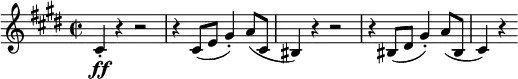 
\relative c' {
 \key cis \minor \time 2/2
 \set Score.tempoHideNote = ##t \tempo 2 = 132
 \set Staff.midiInstrument = "violin"
 cis4-.\ff r4 r2 |
 r4 cis8(e gis4-.) a8(cis, |
 bis4) r4 r2 |
 r4 bis8(dis gis4-.) a8(bis, |
 cis4) r4
}
