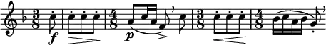  \relative c'' { \clef treble \key f \major \time 3/8 \partial 8*1 c8\f-. | c\>-. c-. c-.\! | \time 4/8 a(\p c16 a f8->)\breathe c' | \time 3/8 c-.\< c-. c-.\! | \time 4/8 bes16( c a bes g8)-.\breathe } 