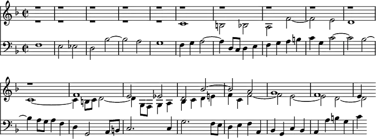 
{
<< <<
\new Staff { \clef treble \key f \major \tempo 4=120 \set Staff.midiInstrument = "flute" {
      \set Score.tempoHideNote = ##t
      \override Score.BarNumber #'transparent = ##t
      \time 2/2
      \relative c
      << { r1 | r | r | r | r | %5
        r | r | r | r | r | %10
        r | f'1 | e2 es | d bes'~ | bes a | %15
        g1 | f | e4 } \\ { r1 | r | r | r | r | %5
        c1 | b2 bes | a f'~ | f e | d1 | %10
        c1~ | c4 b8 c d2~ | d4 g,8 f g4 a | bes c d e! | f c f2~ | %15
        f e2~ | e d2~ | d } >>
    }
  }
\new Staff { \clef bass \key f \major \set Staff.midiInstrument = "flute" {
     \relative c
     { f1 | e2 es | d bes'~ | bes a | g1 | %5
       f4 g a2~ | a4 d,8 c d4 e | f g a b | c g c2~ | c bes~ | %10
       bes4 a8 g a4 f | d g,2 a8 b | c2. c4 | g'2. f8 e | d4 e f a, | %15
       bes g c bes | a a' b g | c
     }
    }
  }
>> >>
}
