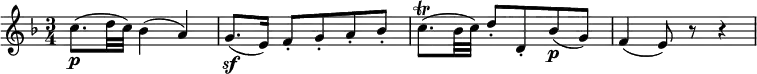  { \relative c'' { \key f \major \time 3/4
c8.( \p d32 c) bes4( a) | g8.( \sf e16) f8-. g-. a-. bes-. | c8.( \trill bes32 c) d8-. d,-. bes'( \p g) |
f4( e8) r r4 }} 