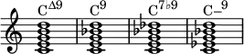 
{
\override Score.TimeSignature #'stencil = ##f
\relative c' {
   \clef treble
   \time 4/4
   \key c \major
   <c e g b d>1^\markup { \concat { "C" \raise #1 \small "Δ9" } }
   <c e g bes d>^\markup { \concat { "C" \raise #1 \small "9" } }
   <c e g bes des>^\markup { \concat { "C" \raise #1 \small "7♭9" } }
   <c es g bes d>^\markup { \concat { "C–" \raise #1 \small "9" } }
} }
