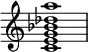  {
\override Score.TimeSignature #'stencil = ##f
\relative c' { 
  \clef treble \time 4/4
  <c e g bes des a'>1
} }
