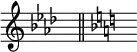 { \time 1/4 \override Score.TimeSignature #'stencil = ##f { \clef treble \key aes \major s16 ^\markup "" \bar "||" \set Staff.KeyCancellation = ##f \set Staff.keyAlterations = #`((6 . ,FLAT)(2 . ,NATURAL)(5 . ,NATURAL)(1 . ,NATURAL)) s16 ^\markup ""}}