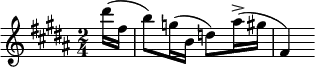 
 \relative c''
{
\clef treble \key b \major \time 2/4 \partial 16*2 dis'16( fis, b8) g16( b, d8) ais'16->( gis fis,4) 
}
