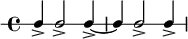 
 \new RhythmicStaff {
   \clef percussion
   \time 4/4
   \set Score.tempoHideNote = ##t \tempo 4 = 100
   c4-> c2-> c4->~ c c2-> c4->
}
