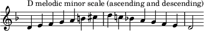  {
\override Score.TimeSignature #'stencil = ##f
\relative c' {
  \clef treble \key d \minor \time 7/4
  d4^\markup "D melodic minor scale (ascending and descending)" e f g a b cis d c! bes! a g f e d2
} }
