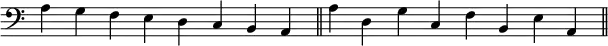   {
\override Score.TimeSignature #'stencil = ##f
\relative c' { \key c \major \clef bass \time 8/4
  a g f e d c b a \bar "||" a' d, g c, f b, e a, \bar "||"
} }
\layout { \context { \Score \override SpacingSpanner.base-shortest-duration = #(ly:make-moment 1/16) } }
