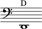 { \override Staff.TimeSignature #'stencil = ##f \time 2/1 \clef bass  d,1^D }