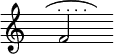 
{ \time 4/2 \override Score.TimeSignature #'stencil = ##f \override TextScript #'avoid-slur = #'inside \override TextScript #'outside-staff-priority = ##f \slurUp \hideNotes f''4( \unHideNotes f'2^\markup { \halign #0 . . . . } \hideNotes f''4) }