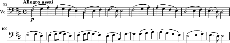 
\new Score {
  \new Staff {
    \relative c {
      \set Staff.instrumentName = #"Vc."
      \set Staff.midiInstrument = #"cello"
      \set Score.currentBarNumber = #92
      \time 4/4
      \key d \major
      \clef bass
      \tempo "Allegro assai" 2 = 60
      \set Score.tempoHideNote=##t
      \bar ""
        fis2\p( g4 a) | a4( g fis e) | d2( e4 fis) | fis4.( e8) e2 |
        fis2( g4 a) | a4( g fis e) | d2( e4 fis) | e4.( d8) d2 | \break
        e( fis4 d) | e( fis8 g fis4 d) | e( fis8 g fis4 e) | d( e a,) fis'~ |
        fis fis( g a) | a( g fis e) | d2( e4 fis) | e4.( d8) d2
    }
  }
}
