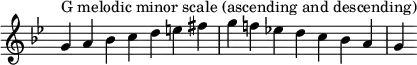  {
\override Score.TimeSignature #'stencil = ##f
\relative c'' {
  \clef treble \key g \minor \time 7/4
  g4^\markup "G melodic minor scale (ascending and descending)" a bes c d e fis g f! es! d c bes a g
} }
