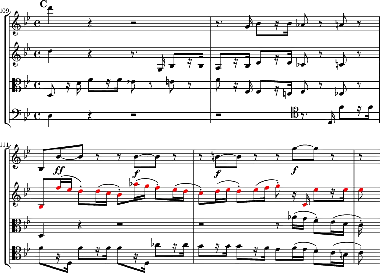 
{
#(set-global-staff-size 16)
<< \new StaffGroup <<
        \new Staff <<
            \set Score.currentBarNumber = #109
            \clef treble \key bes \major \time 4/4
            \bar ""
            \relative c''' {
                \clef treble \key bes \major \time 4/4
                \mark #3
                d4 r r2
                r8. g,,16 bes8[ r16 bes] aes8 r a
                r bes, bes'~\ff bes r r bes~\f bes r
                r b~\f b r r g'~\f g r
                r8
                }
            >>
        \new Staff <<
            \clef treble \key bes \major \time 4/4
            \new Voice \relative c'' {
                d4 r r8. g,,16 bes8[ r16 bes]
                a8[ r16 bes] d8[ r16 d] ces8 r c r
                \override NoteHead.color = #red bes f''16( es d8-.) d16( c bes8-.) aes'16( g f8-.) es16( d
                c8-.) d16( es d8-.) es16( f g8-.) r16 c,, es'8[ r16 es]
                es8
                }
            >>
        \new Staff <<
            \clef alto \key bes \major \time 4/4
            \new Voice \relative c {
                d8 r16 d' f8[ r16 f] es!8 r e r
                f8 r16 f, f8[ r16 e] f8 r es8 r
                d4 r r2
                r2 r8 aes''16( g f8-.) es16( d
                c-.)
                }
            >>
        \new Staff <<
            \clef bass \key bes \major \time 4/4
            \new Voice \relative c {
                d4 r r2
                r2 \clef tenor r8. d16 f'8[ r16 f]
                f8[ r16 d,] f'8[ r16 f] f8[ r16 d,] aes''8[ r16 aes]
                g8[ r16 g] g8[ r16 f] es8[ f16( es] d8-.) c16( b
                c8-.)
                }
         >>
    >>
>> }
