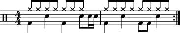 
\version "2.22.0"
\header { tagline = ##f}
\score {
  \drums \with {midiInstrument = "drums"}
  \with { \numericTimeSignature }
  {
    \repeat volta 2 {
      <<{cymra8 cymra cymra cymra cymra [cymra cymra]}\\{bd4 sne bd sne8 sne16 sne16}>>
      <<{cymra8 cymra cymra cymra cymra cymra cymra cymra}\\{bd4 sne4 bd8 bd8 sne4}>>\break
    }
  }
  \layout {
    \context{
      \Score
      proportionalNotationDuration = #(ly:make-moment 1/8)
    }
  }
}
\score {
  \unfoldRepeats {
    \drums \with {midiInstrument = "drums"}{
      \repeat volta 2 {
        <<{cymra8 cymra cymra cymra cymra [cymra cymra]}\\{bd4 sne bd sne8 sne16 sne16}>>
        <<{cymra8 cymra cymra cymra cymra cymra cymra cymra}\\{bd4 sne4 bd8 bd8 sne4}>>\break
      }
    }
  }
  \midi { \tempo  4 = 102 }
}
