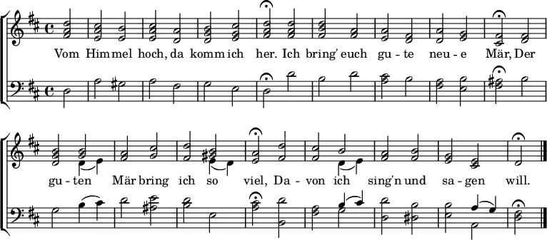 
\header { tagline = ##f }
\layout { indent = 0 \set Score.tempoHideNote = ##t \context { \Score \remove "Bar_number_engraver" } }
global = { \key d \major \time 4/4 \partial 2 }
tn = \tempo 2 = 100
tf = \tempo 2 = 45
tenor = \new Voice = "tenvoice" \relative c' { \tn \global
  <fis a d>2 | <e a cis> <e b'> | <e a cis> <d a'> | <d g b> <e g cis> | \tf <fis a d>\fermata \tn
  <fis a d> | <fis b d> <fis a> | <e a> <d fis> | <d a'> <e g> | \tf <cis fis>\fermata \tn
  <d fis> | <d g b> << { \voiceOne <g b> } \new Voice { \voiceTwo d4 (e) } >> \oneVoice |
  <fis a>2 <g cis> | <fis d'> << { \voiceOne <gis b> } \new Voice { \voiceTwo e4 (d) } >> \oneVoice | \tf <e a>2\fermata \tn
  <fis d'> | <fis cis'> << { \voiceOne b } \new Voice { \voiceTwo d,4 (e) } >> \oneVoice |
  <fis a>2 <fis b> | <e g> <cis e> | \tf d\fermata \bar "|."
}

bass = \relative c {
  \global
  d2 | a' gis | a fis | g e | d\fermata
  d' | b d | <a cis> b | <fis a> <e b'> | <fis ais>\fermata
  b | g b4 (cis) | d2 <ais e'> | <b d> e, | <a cis>\fermata
  <d b,> | <fis, a> << { \voiceOne b4 (cis) } \new Voice { \voiceTwo g2 } >> \oneVoice | <d d'> <dis b'> |
  <e b'> << { \voiceOne a4 (g) } \new Voice { \voiceTwo a,2 } >> \oneVoice | <d fis>2\fermata \bar "|."
}

verse = \lyricmode {
  Vom Him -- mel hoch, da komm ich her.
  Ich bring' euch gu -- te neu -- e Mär,
  Der gu -- ten Mär bring ich so viel,
  Da -- von ich sing'n und sa -- gen will.
}

\score {
  \new ChoirStaff <<
    \new Staff \with { midiInstrument = "church organ" }
      { \clef treble \new Voice \tenor }
      \new Lyrics \lyricsto "tenvoice" \verse
    \new Staff \with { midiInstrument = "church organ" }
      { \clef bass \new Voice = "bass" \bass }
  >>
  \layout { }
  \midi { }
}
