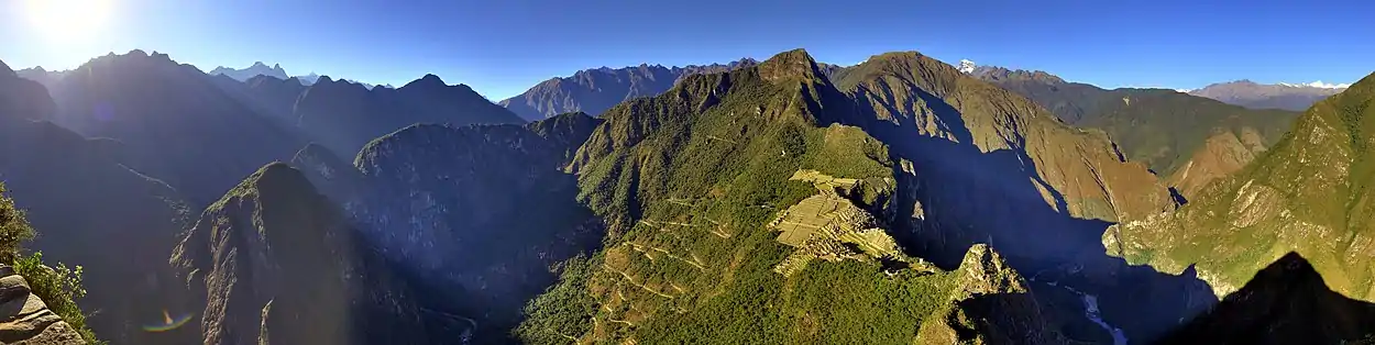 Image 14Machu PicchuPhoto: Martin St-AmantMachu Picchu, a 15th-century Peruvian Inca site located 2,430 metres (7,970 ft) above sea level, as viewed from Huayna Picchu. Established c. 1450, the settlement was abandoned at the time of the Spanish Conquest the following century. Although it remained known locally, it was not brought to international attention until after Hiram Bingham visited the site in 1911. Machu Picchu is now a popular tourist destination and UNESCO World Heritage Site, and restoration efforts are ongoing.More featured pictures