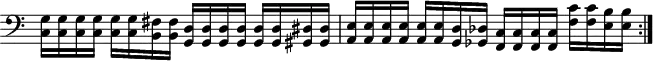 
\header { tagline = "" }
\score {
  \new Staff \with { \remove "Time_signature_engraver" }
  \repeat volta 2 {
    \clef "bass"
    {<c g>16 <c g> <c g> <c g> <c g> <c g> <b, fis> <b, fis> <g, d> <g, d> <g, d> <g, d> <g, d> <g, d> <gis, dis> <gis, dis> <a, e> <a, e> <a, e> <a, e> <a, e> <a, e> <g, d> <ges, des> <f, c> <f, c> <f, c> <f, c> <f c'> <f c'> <e b> <e b>}
  }
  \layout { }
}
\score { % "unfold" this score copy so MIDI plays the repeated section twice
  \unfoldRepeats {
    \repeat volta 2 {<c g>16 <c g> <c g> <c g> <c g> <c g> <b, fis> <b, fis> <g, d> <g, d> <g, d> <g, d> <g, d> <g, d> <gis, dis> <gis, dis> <a, e> <a, e> <a, e> <a, e> <a, e> <a, e> <g, d> <ges, des> <f, c> <f, c> <f, c> <f, c> <f c'> <f c'> <e b> <e b>}
  }
  \midi { }
}
