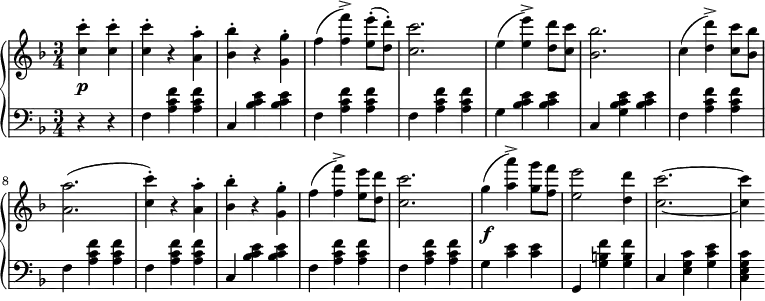 
 \relative b' {
  \new PianoStaff <<
   \new Staff { \key d \minor \time 3/4 \partial 2 \set Score.tempoHideNote = ##t \tempo "" 2. = 48
    <<
   {
     <c c'>-. <c c'>-. <c c'>-. r <a a'>-. <bes bes'>-. r <g g'>-. f'( <f f'>->) <e e'>8-.( <d d'>-.) <c c'>2. e4( <e e'>->) <d d'>8 <c c'> <bes bes'>2. c4( <d d'>->) <c c'>8 <bes bes'> <a a'>2.( <c c'>4-.) r <a a'>-. <bes bes'>-. r <g g'>-. f'( <f f'>->) <e e'>8 <d d'> <c c'>2. g'4\f( <a a'>->) <g g'>8 <f f'> <e e'>2 <d d'>4 <c c'>2.~ <c c'>4
   }
    >>
   }
   \new Dynamics {
    s\p
   }
   \new Staff { \key d \minor \time 3/4 \clef bass \partial 2
    r4 r f,, <a c f> <a c f> c, <bes' c e> <bes c e> f <a c f> <a c f> f <a c f> <a c f> g <bes c e> <bes c e> c, <g' bes c e> <bes c e> f <a c f> <a c f> f <a c f> <a c f> f <a c f> <a c f> c, <bes' c e> <bes c e> f <a c f> <a c f> f <a c f> <a c f> g <c e> <c e> g, <g' b f'> <g b f'> c, <e g c> <g c e> <c, e g c>
   }
  >>
 }
