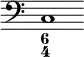 { \override Score.TimeSignature #'stencil = ##f \time 6/4 \clef bass << { c1 } \figures { < 6 4 >1 } >> }