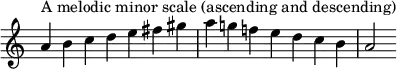  {
\override Score.TimeSignature #'stencil = ##f
\relative c'' {
  \clef treble \key a \minor \time 7/4
  a4^\markup "A melodic minor scale (ascending and descending)" b c d e fis gis a g! f! e d c b a2
} }
