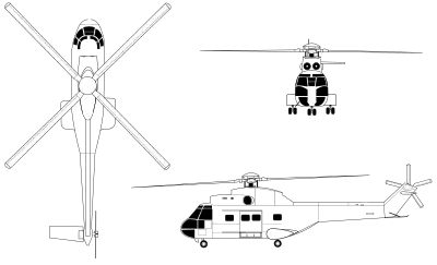 Orthographically projected diagram of the SA330 Puma Line Drawing