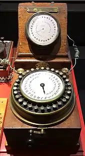 Photo of an ABC telegraph instrument showing letters on a round dial.