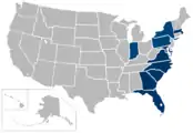 The all-sports ACC as it existed in 2013–14, after the additions of Syracuse and Pitt for all sports including football, and Notre Dame for non-football sports.