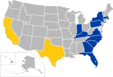 Blue: The ACC as it now exists, after the addition of Louisville in 2014. Yellow: Reflects the impending addition of California, SMU, and Stanford in 2024.