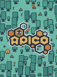 The cover art is a pixel art style design, showing the word "APICO" spelt out in large yellow hexagonal letters, on a backdrop to a bright green forest