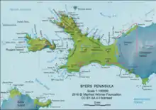 Topographic map of Byers Peninsula featuring Antarctic Specially Protected Area ASPA 126 and its two restricted zones