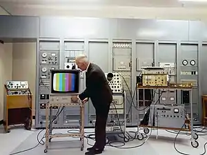 Image 2A color television test at the Mount Kaukau transmitter site, New Zealand in 1970.A test pattern with color bars is used to calibrate the signal. (from Color television)