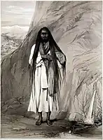 A Hindu "fakir" or sadhu with long hair. Lithograph 1844 by Emily Eden after Lowes Cato Dickinson.