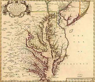 Image 13Map of Chesapeake Bay area by John Senex, 1719, with Baltimore County labeled near Maryland's border with Pennsylvania. (from History of Baltimore)