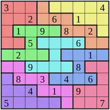 A Sudoku puzzle grid with many colors, with nine rows and nine columns that intersect at square spaces. Some of the spaces are filled with a digit; others are blank spaces to be solved.