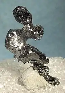 Classic acanthite specimen from the Rayas Mine at Guanajuato, Mexico.Size: 2.4 x 1.1 x 1.1 cm.