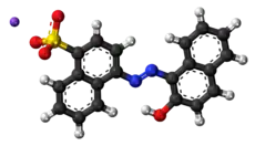 Ball-and-stick model of the component ions of acid red 88