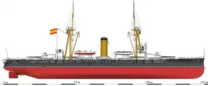 Below the waterline, the vessel is painted red, with a narrow white stripe at the waterline and black above the stripe. The turrets and superstructure are white, with yellow masts and funnel.