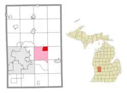 Location within Kent County (red) and an administered portion of the Forest Hills CDP (pink)