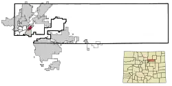 Location of the Derby CDP in Adams County, Colorado.