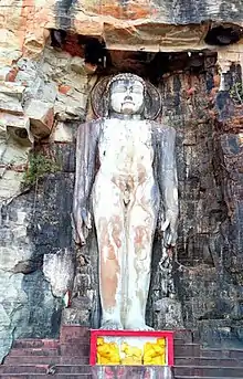 The 45 feet (14 m) tall rock cut idol at Chanderi, 13th century