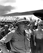 William Halsey Jr. wearing an American fiber helmet in 1944