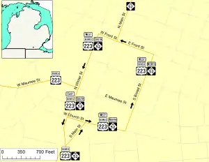 M-52 previously ran along the one-way Main, Church, Broad, Front and Winter streets in downtown Adrian