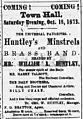 October 1873. Advertisement for Huntley's Minstrels, 1873.