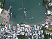 An aerial view of Yung Shue Wan's main street and surrounding areas