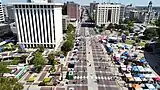 Aerial of main drag, Douglas Avenue, during an Open Streets event, looking east (2023)