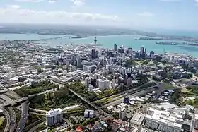 Image 17An aerial view of the Auckland urban area, showing its location on the Hauraki Gulf / Tīkapa Moana (from Geography of New Zealand)