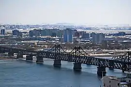 Aerial view of Downtown Sinŭiju, from Dandong, China