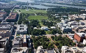 The original statue stands at the center of Lafayette Square,  just to the north of the White House