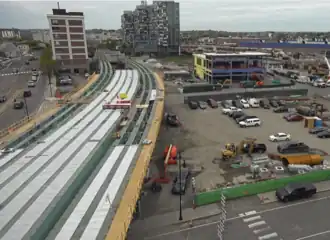 An overhead view of a partially built elevated railway station