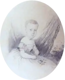 A half-length portrait sketch showing the Prince Imperial as a child in a gown with sash and holding the medal of the Order of the Southern Cross