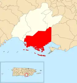 Location of Aguirre within the municipality of Salinas shown in red